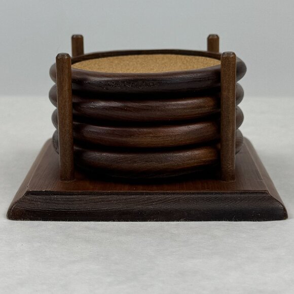 Vintage Wooden Coaster Set Four-Post Holder 4 Wood Coasters with Cork Inserts - Picture 9 of 14
